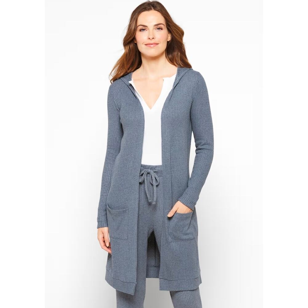 Awhile Haydee Brushed Waffle Hooded Duster Women's Size Large blue Cozy Office